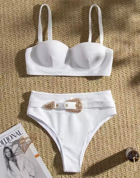 Women Sexy Fashion Ribbed Buckle Bikini Swimsuit