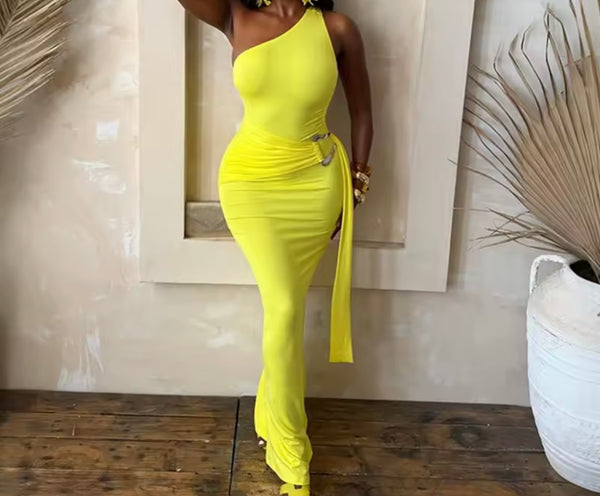 Women Sexy One Shoulder Open Back Sleeveless Maxi Dress