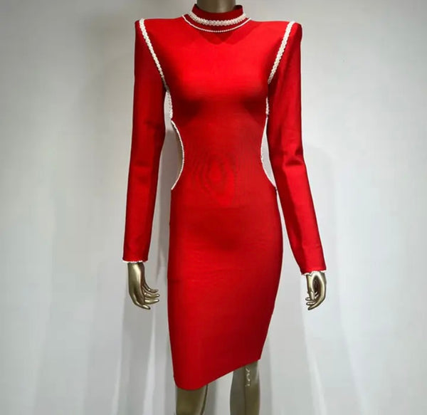 Women Sexy Red Full Sleeve Cut Out Color Stitching Dress