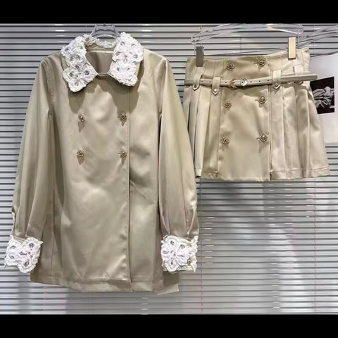 Women Floral Double-Breasted Trench Two Piece Pleated Skirt Set