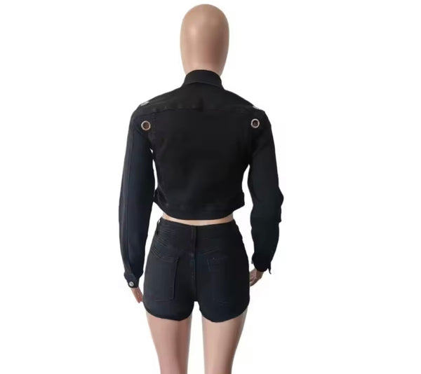 Women Black Button Up Metal Denim Jacket Two Piece Short Set