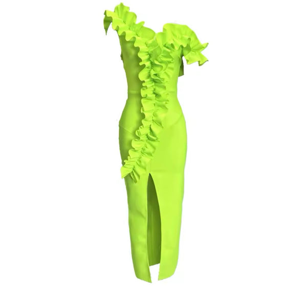 Women Green Ruffled Front Split Maxi Dress