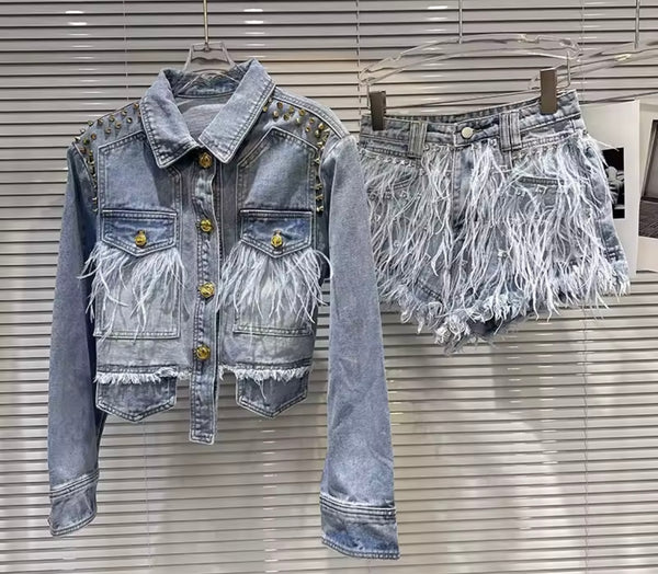 Women Fashion Rivet Feather Denim Jacket Two Piece Short Set