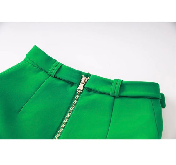 Women Green Letter Belted Blazer Two Piece Skirt Set