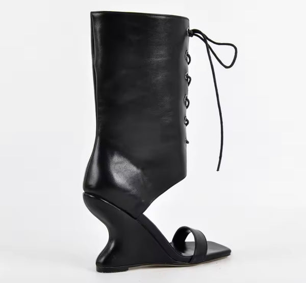 Women Fashion Open Toe Platform Wedge Tie Up Ankle Boots