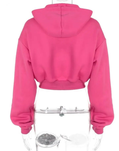 Women Pink Full Sleeve Hooded Crop Sweater Top