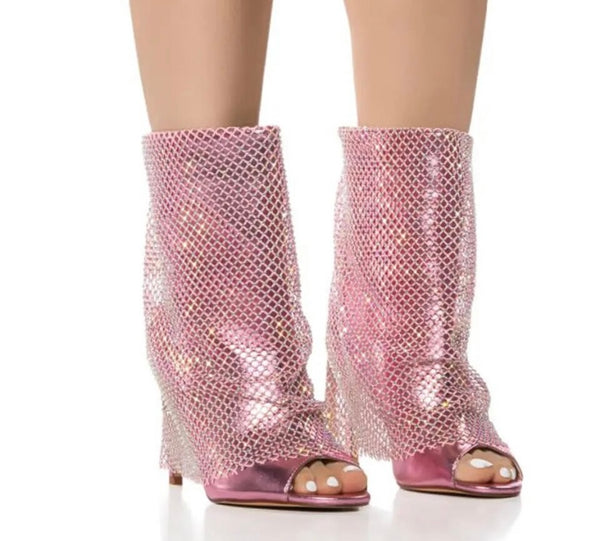 Women Open Toe Mesh Bling PU Fashion Ankle Boots