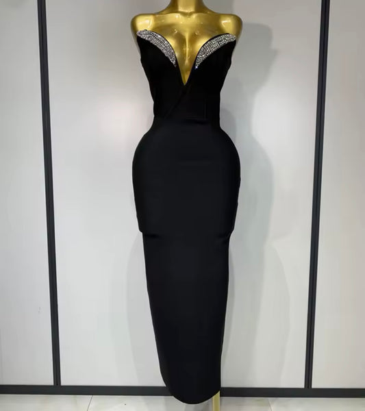 Women Black Strapless V-Neck Bling Bandage Sexy Maxi Dress