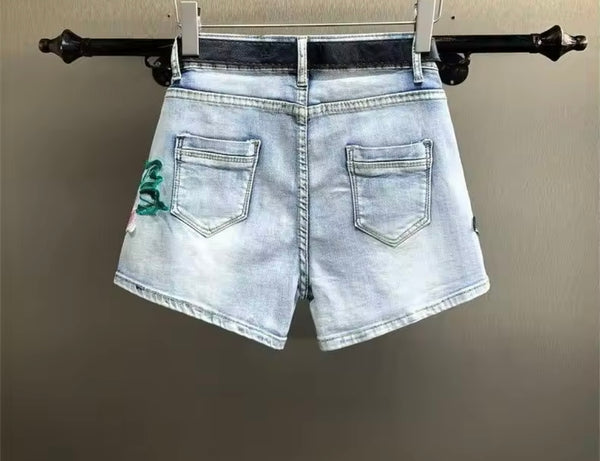 Women Fashion Embroidery Floral Print Denim Shorts