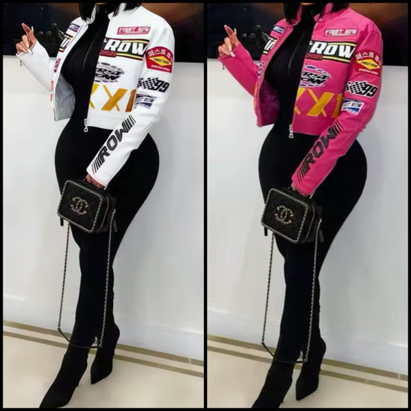 Women Printed Faux Leather Fashion Jacket