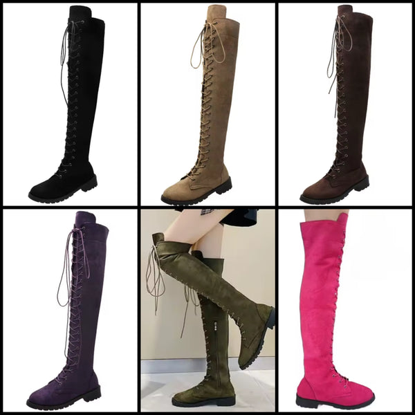 Women Fashion Color Suede Lace Up Over The Knee Flat Boots
