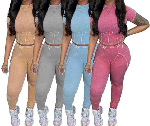 Women Fashion Ribbed Short Sleeve Two Piece Pant Set