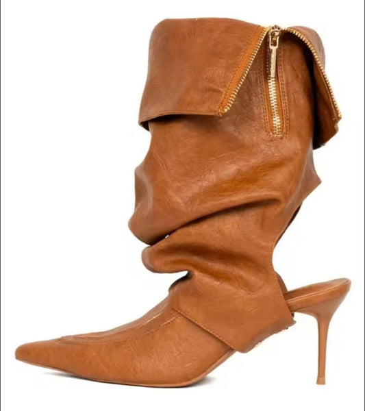Women Fashion Pointed Toe Zipper Ruche Ankle Boots