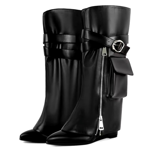 Women Black Zipper Detachable Buckled Pocket Knee High Boots