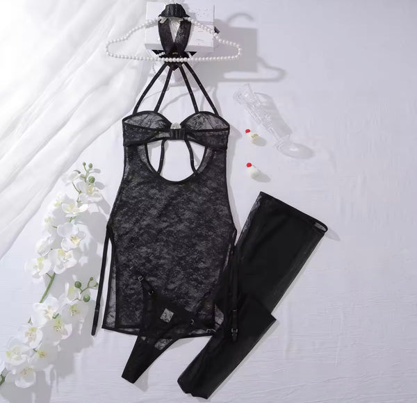 Women Sexy Halter Sleeveless Black Bling Lace Lingerie Set
