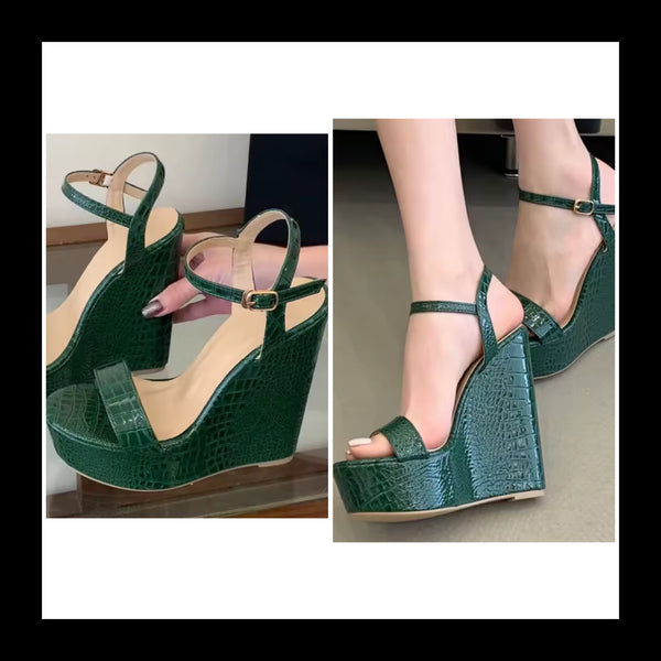 Women Fashion Green Open Toe Platform Wedge Sandals
