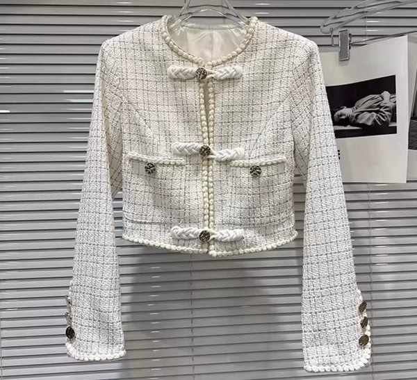 Women White Plaid Full Sleeve Blazer Two Piece Pleated Skirt Set