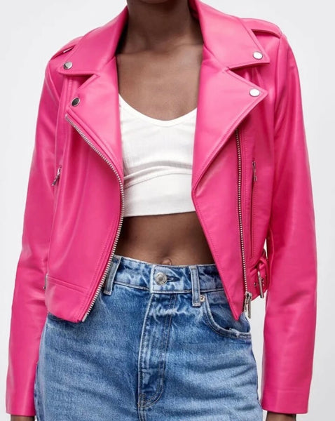 Women Fashion Zipper Color Faux Leather Jacket