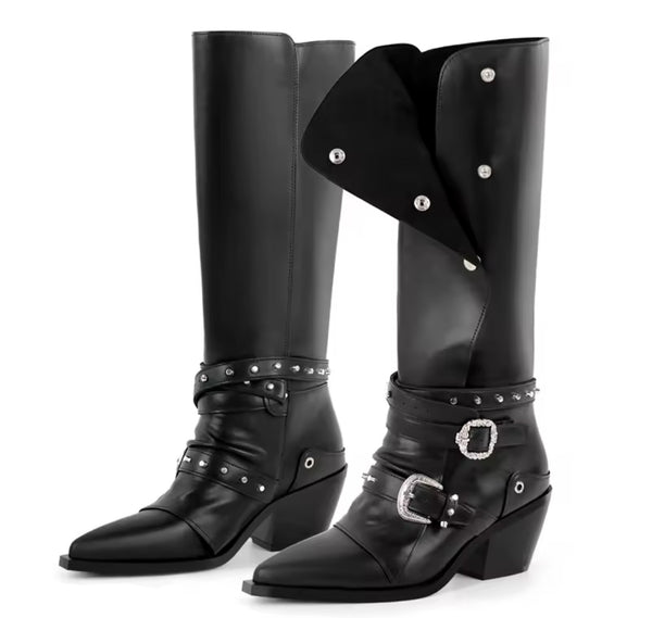 Women Fashion Black Buckled Button Knee High Western Boots