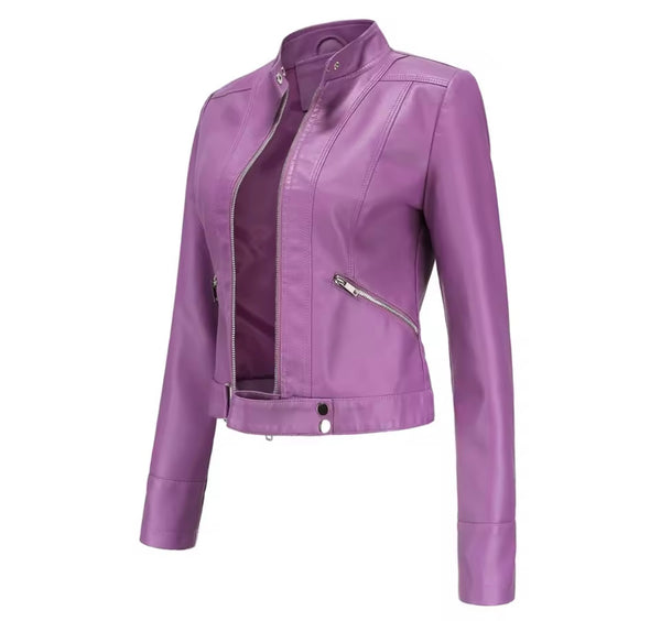 Women Color Zip Up Faux Leather Jacket