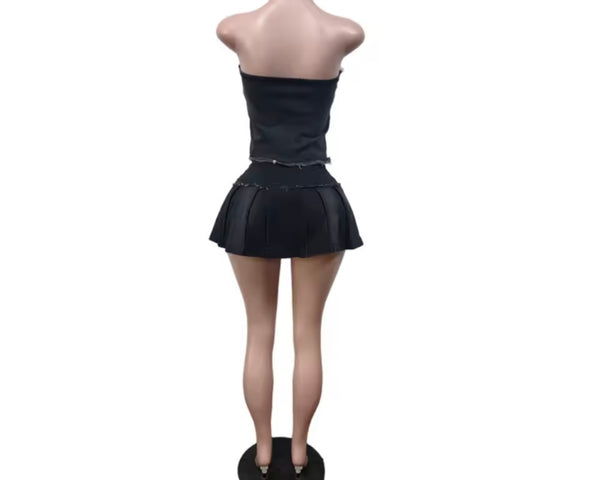 Women Button Up Strapless Denim Patchwork Two Piece Skirt Set