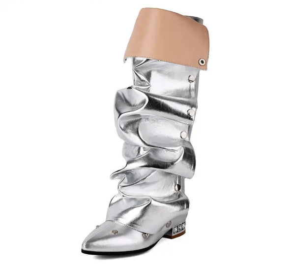 Women Fashion Flat Button Knee High Boots