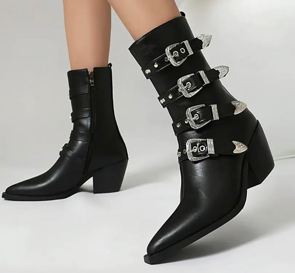 Women Fashion Faux Leather Buckled Ankle Boots