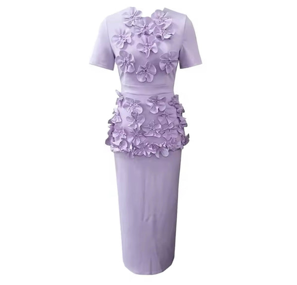 Women Solid Color Floral Short Sleeve Two Piece Maxi Skirt Set