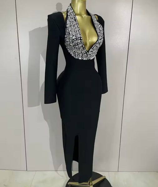 Women Black Rhinestone Halter Full Sleeve Sexy Maxi Dress