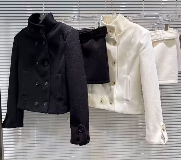 Women Button Up Fashion Jacket Two Piece Skirt Set