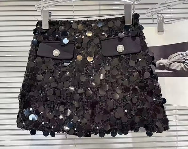 Women Sequins Patchwork Pocket Sexy Skirt
