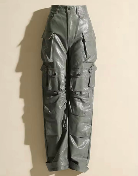 Women Fashion Faux Leather Cargo Pants