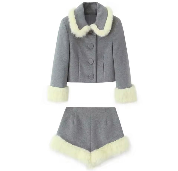 Women Fur Patchwork Button Up Full Sleeve Two Piece Short Set