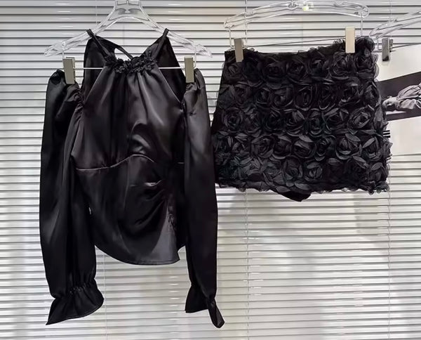 Women Sexy Satin Full Sleeve Two Piece 3D Floral Skirt Set