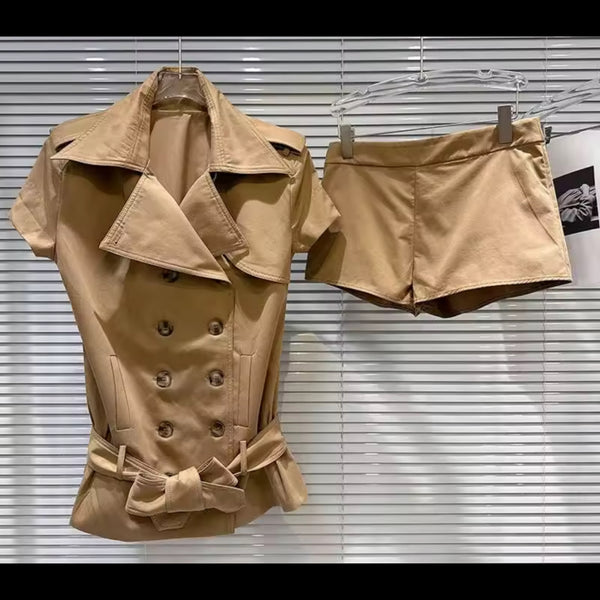 Women Fashion Double Breasted Belted Two Piece Short Set