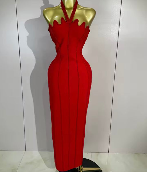 Women Sexy Halter Sleeveless Beaded Maxi Dress
