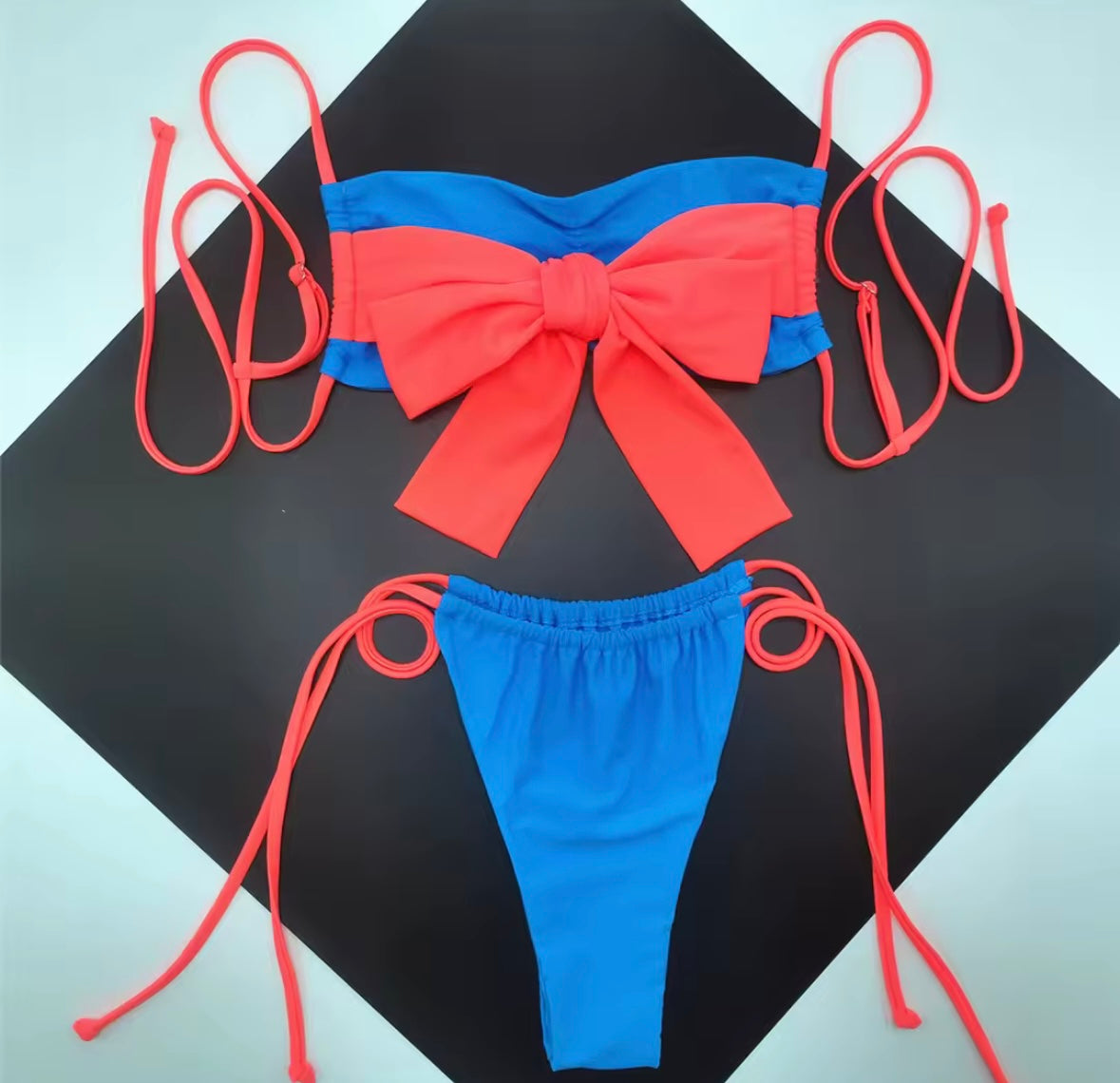 Women Sexy Tie Up Bow Color Patchwork Bikini