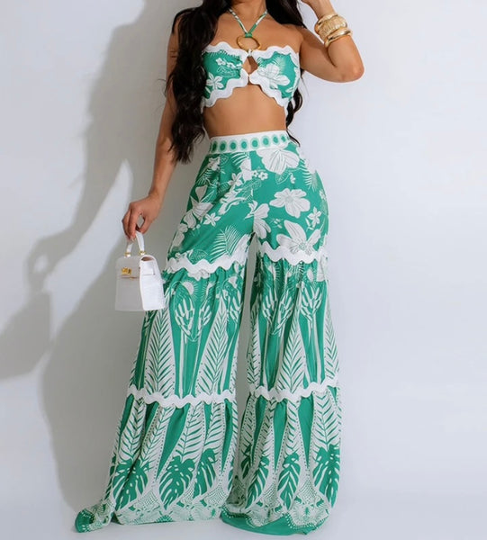 Women Sexy Color Patchwork Halter Sleeveless Two Piece Wide Leg Pant Set