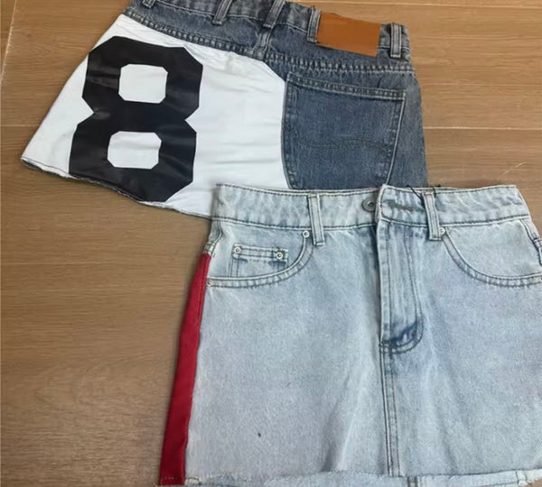 Women Sexy Fashion Color Number Print Ripped Denim Skirt