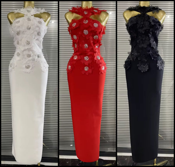 Women Sexy Sleeveless Floral Rhinestone Maxi Dress