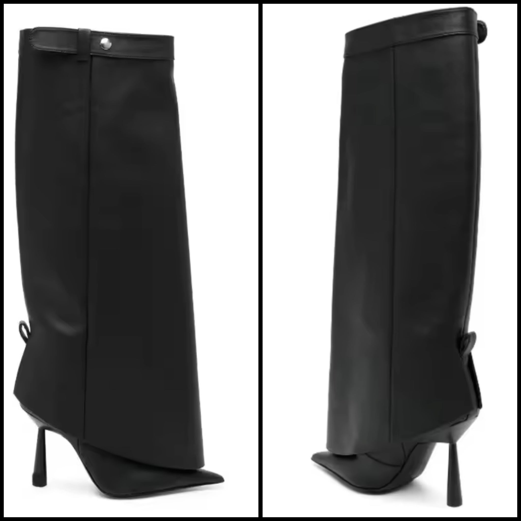 Women Black Pointed Toe Buckled Faux Leather Knee High Boots