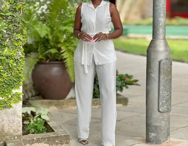 Women Button Up Sleeveless Solid Color Two Piece Pant Set