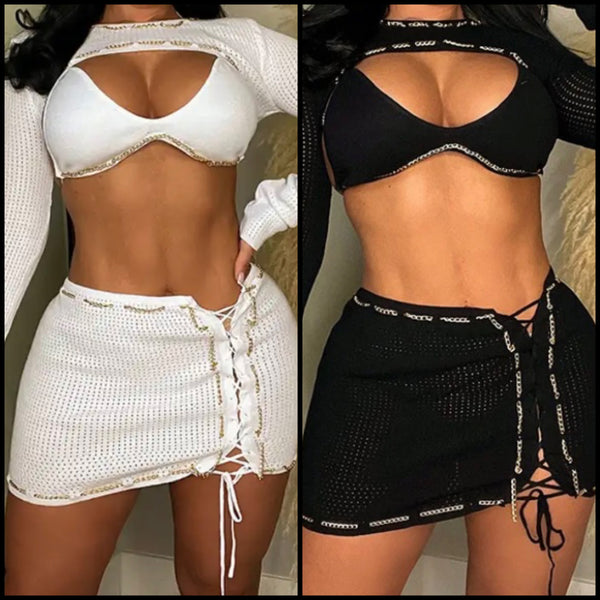 Women Sexy Knitted Three Piece Skirt Set