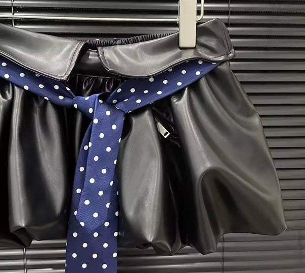 Women Sexy Fashion Black Faux Leather Polka Dot Tie Skirt