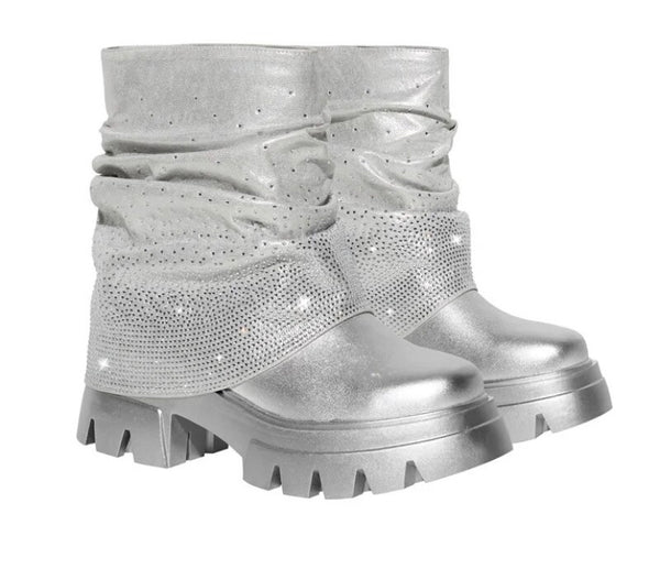 Women Silver Fashion Bling Ruched Ankle Boots