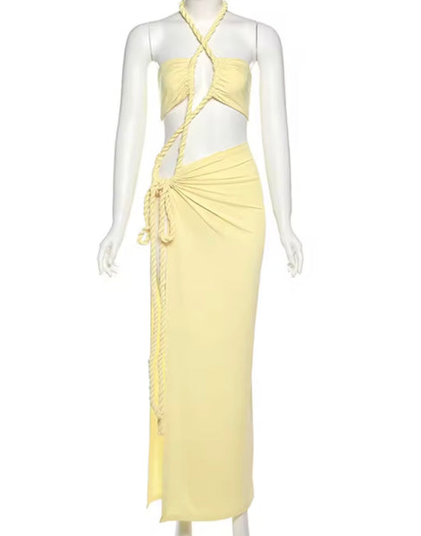 Women Sexy Halter Sleeveless Rope Tie Up Two Piece Maxi Skirt Set