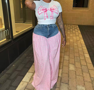 Women Fashion Bow Short Sleeve Two Piece Denim Plaid Pant Set