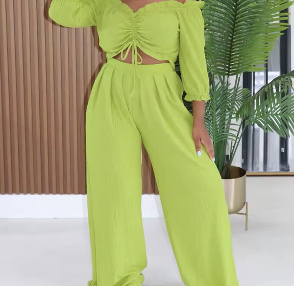Women Off The Shoulder Full Sleeve Ruched Two Piece Pant Set