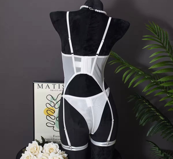 Women White Sexy Sleeveless Lace Mesh Lingerie Set