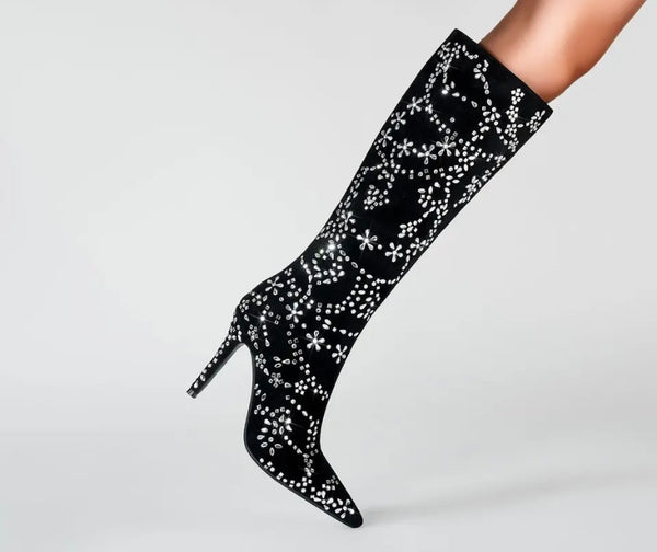 Women Fashion Black Suede Bling Knee High Boots